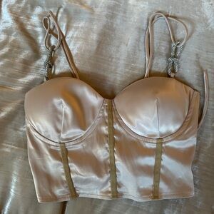 Beige satin Bustier Top with diamanté bows